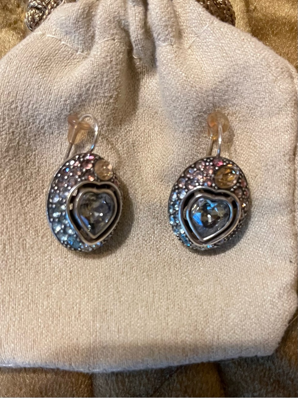 Brighton Silver-Tone Heart Drop Earrings with Pink and Clear Crystals